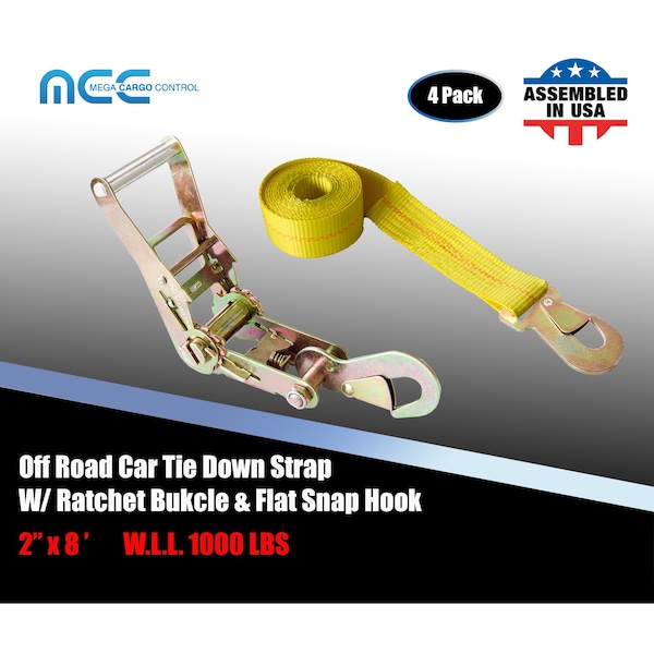 2" x 8' Off-Road Ratchet Tie Down Strap w/Snap Hook Auto Hauler Tow Truck Yellow, 4PK